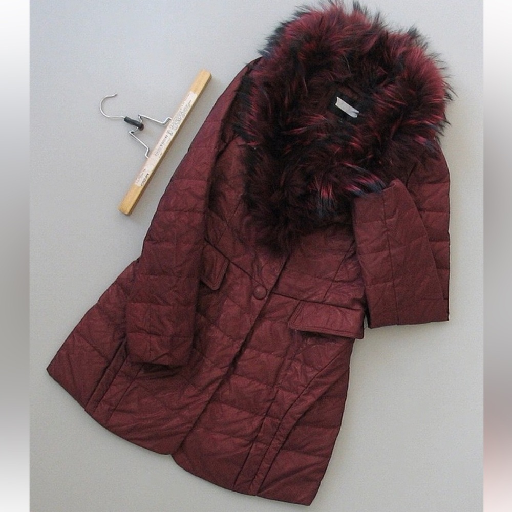 NWT Real Raccoon dog fur down coat  shiny Burgundy large removable Fur Collar
